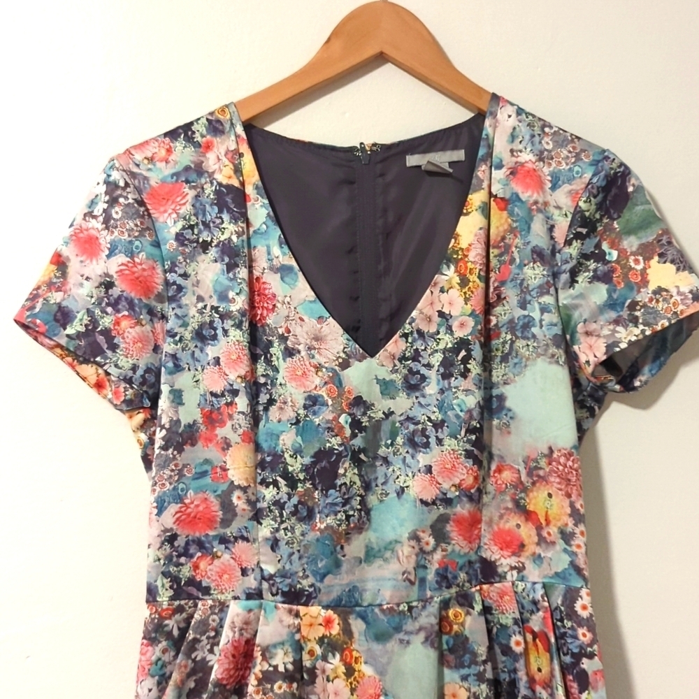H&M Floral Roses Pastel V-Neck Short Sleeve Pockets Pleats Garden Party Dress 8 - Picture 2 of 6
